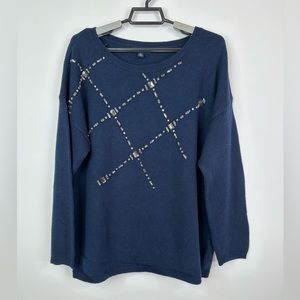 Lands End Womens 1X Wool Blend Navy Jewel Accent Long Sleeve Grandma Sweater Top